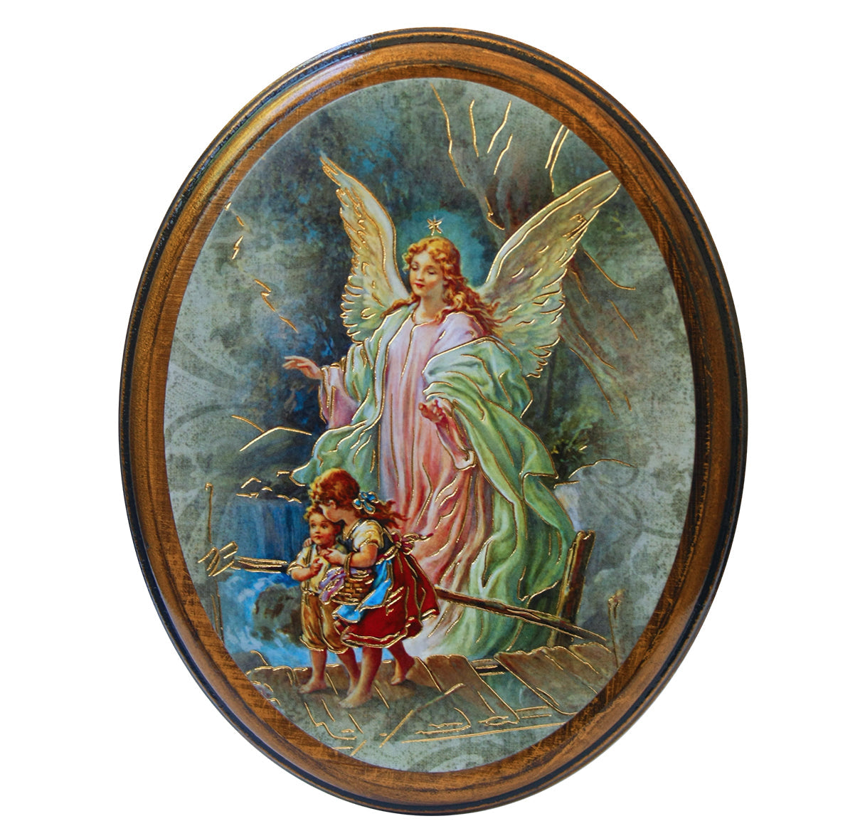 Guardian Angel Oval Antiqued Wood Plaque Wall Art Decor, Small