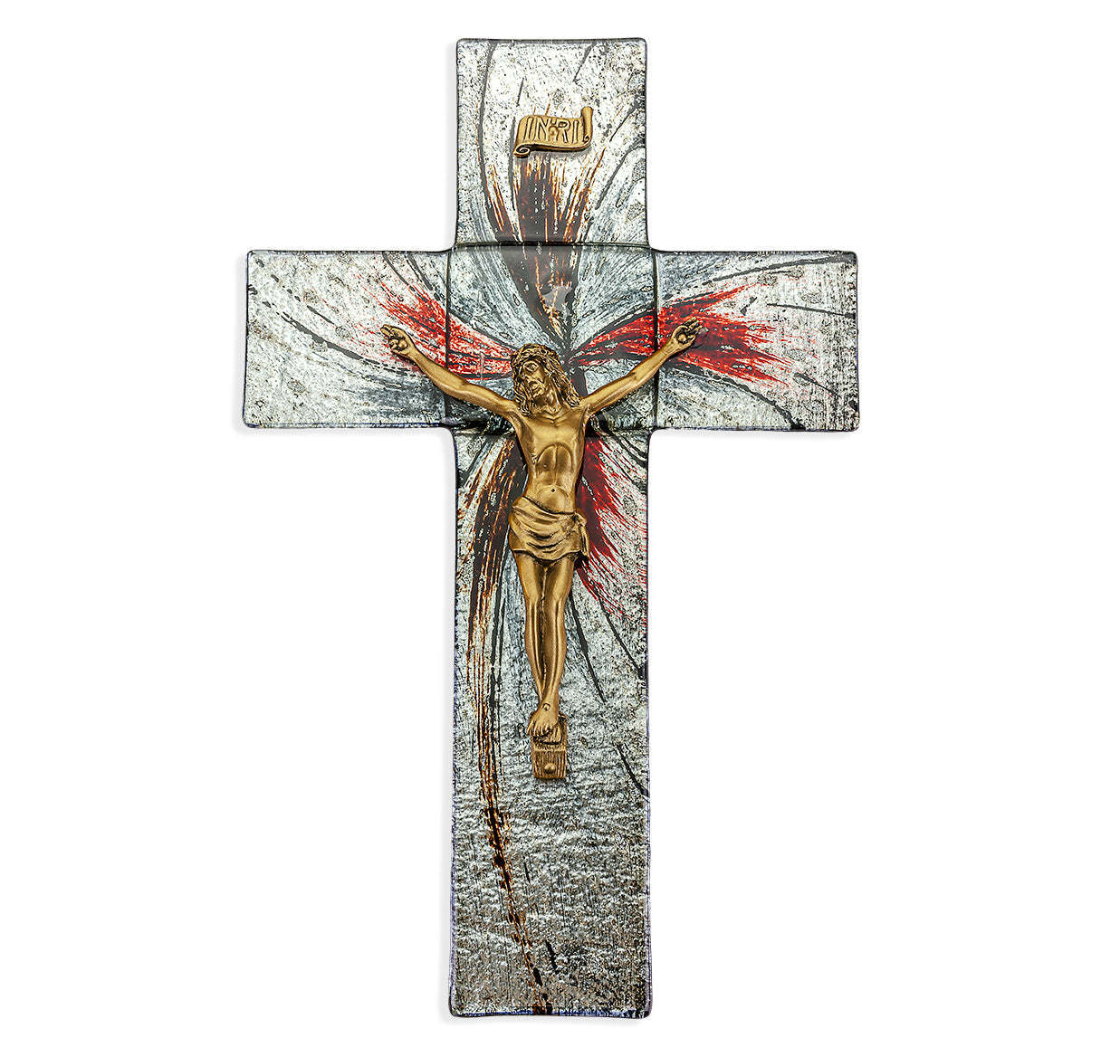 Large Catholic Silver Glass Crucifix 10 Inch for Home Office