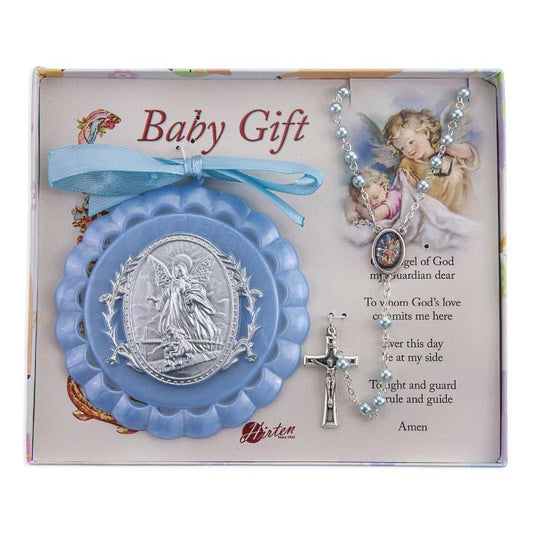 Small Blue Guardian Angel Baby Crib Medal with Blue Pearlized Rosary with Guardian Angel Center and Silver Crucifix for Boy