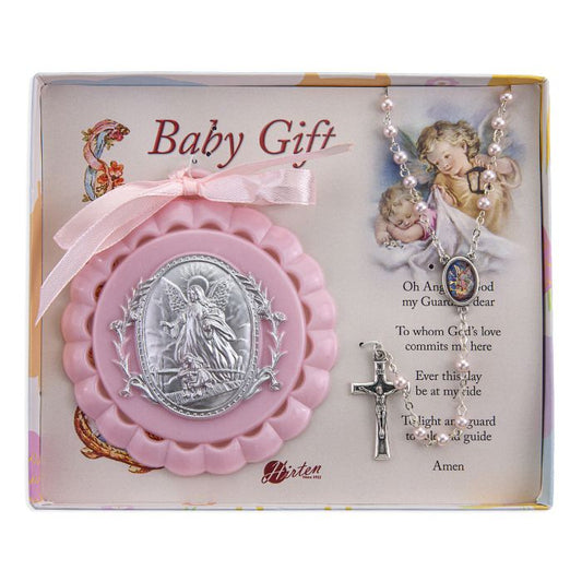 Small Pink Guardian Angel Baby Crib Medal with Pink Pearlized Rosary with Guardian Angel Center and Silver Crucifix for Girl