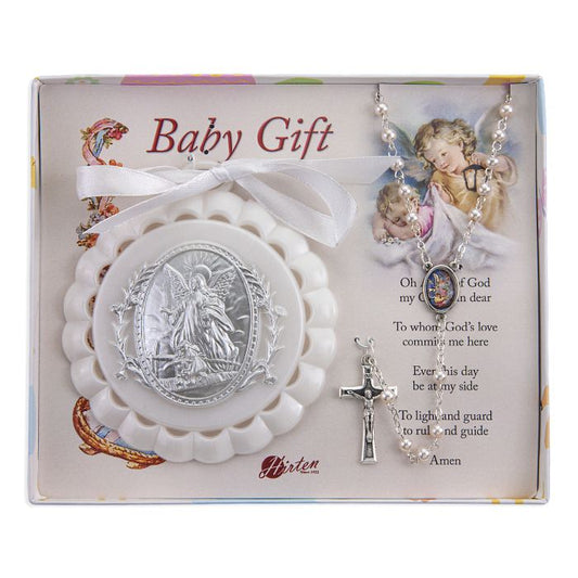 Small White Guardian Angel Baby Crib Medal with White Pearlized Rosary with Guardian Angel Center and Silver Crucifix for Boy Girl