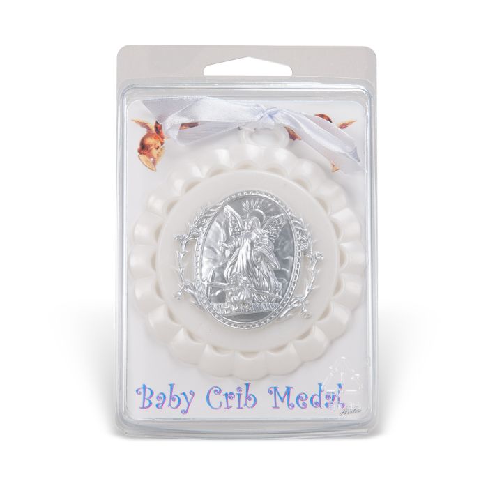 White Guardian Angel Baby Crib Medal in Clamshell Packaging for Boy Girl