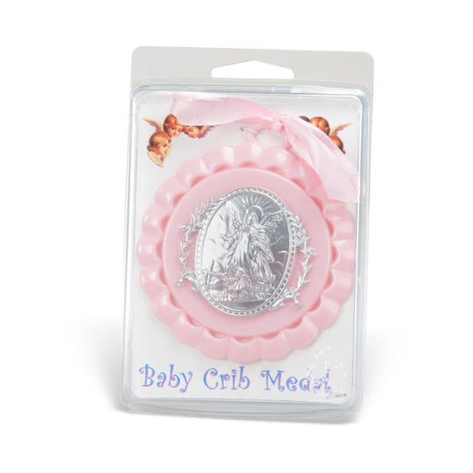 Pink Guardian Angel Baby Crib Medal in Clamshell Packaging for Girl