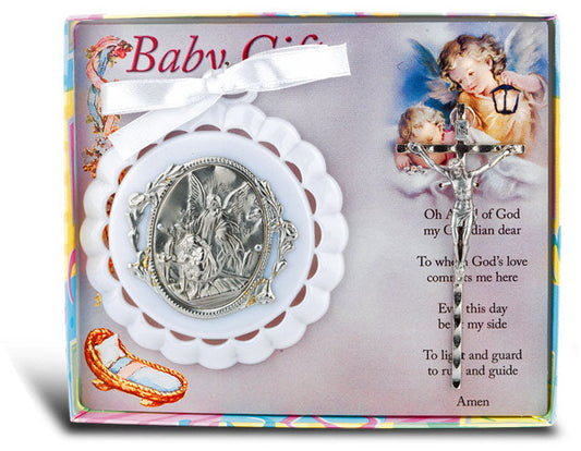 White Baby Crib Medal with Crucifix for Boy Girl