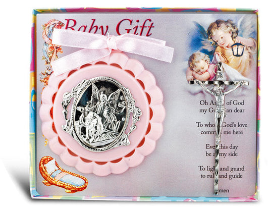 Pink Baby Crib Medal with Crucifix for Girl