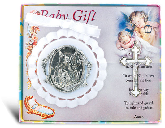 White Baby Crib Medal with 3" Cloverleaf Crucifix for Boy Girl