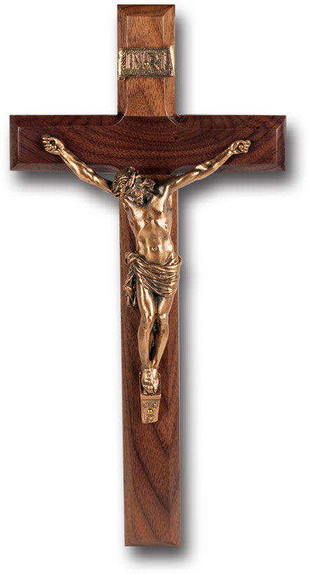 Large Catholic Walnut Wood Wall Crucifix, 12", for Home, Office, Over Door