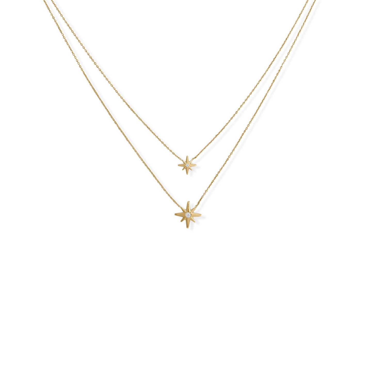 16"/17"+2" 14 Karat Gold Plated Two Strand CZ Star Necklace