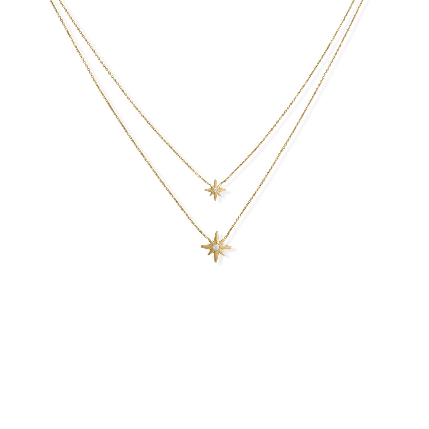 16"/17"+2" 14 Karat Gold Plated Two Strand CZ Star Necklace