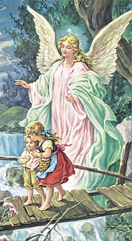 Guardian Angel Crossing the Bridge Paper Catholic Prayer Holy Card with Blank Back, Pack of 100