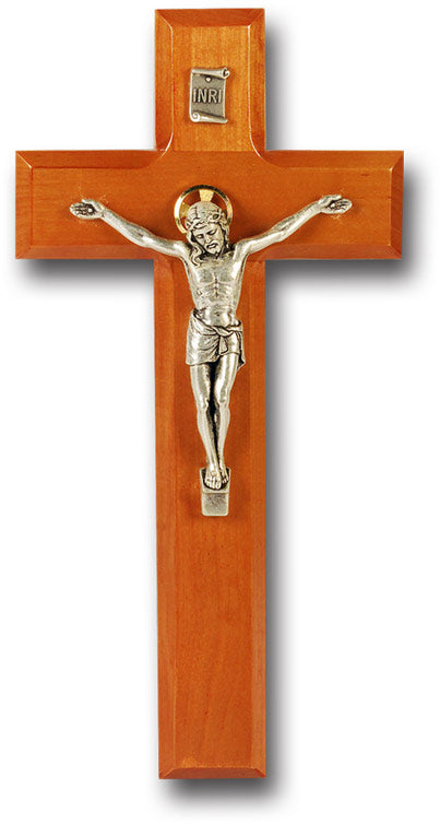 Medium Catholic Natural Cherry Wood Wall Crucifix, 9", for Home, Office, Over Door