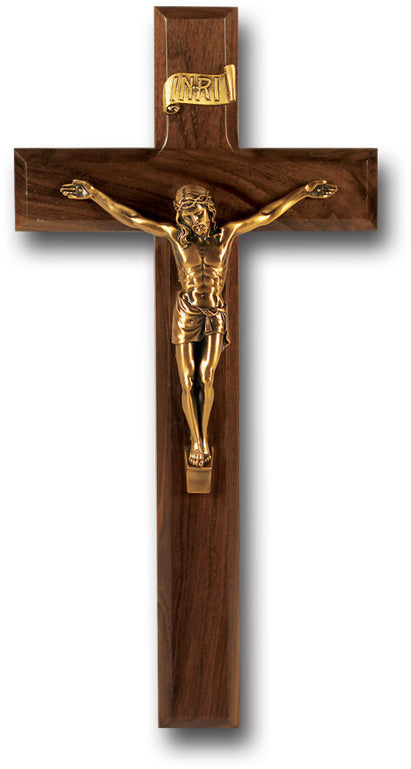 Large Catholic Walnut Wood Wall Crucifix, 11", for Home, Office, Over Door