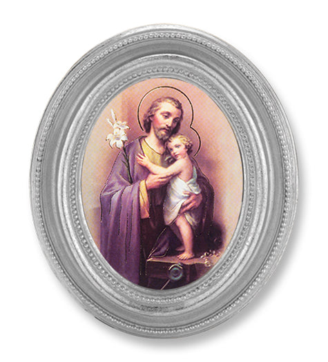 St. Joseph Picture Framed Print Small Oval Silver-Leaf Frame