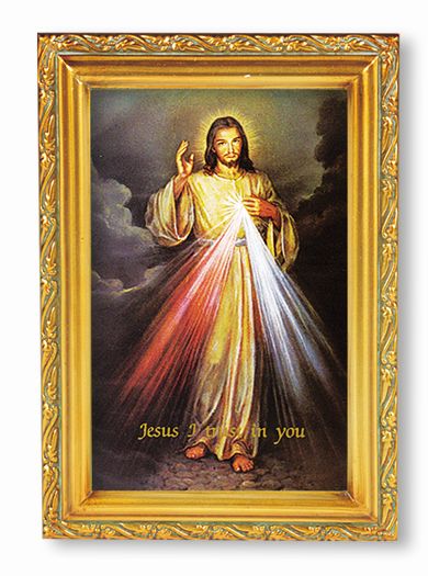 Divine Mercy Picture Framed Wall Art Decor Small Antique Gold-Leaf Frame