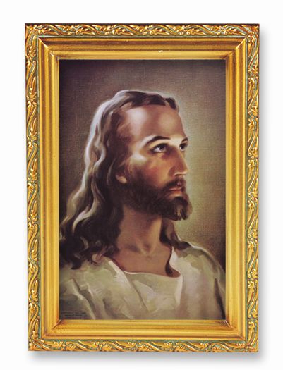 Head of Christ Picture Framed Wall Art Decor Small, Antique Gold-Leaf Finished Frame with Acantus-Leaf Edging