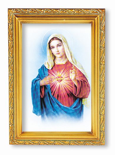 Immaculate Heart of Mary Picture Framed Wall Art Decor, Small, Antique Gold-Leaf Finished Frame with Acantus-Leaf Edging