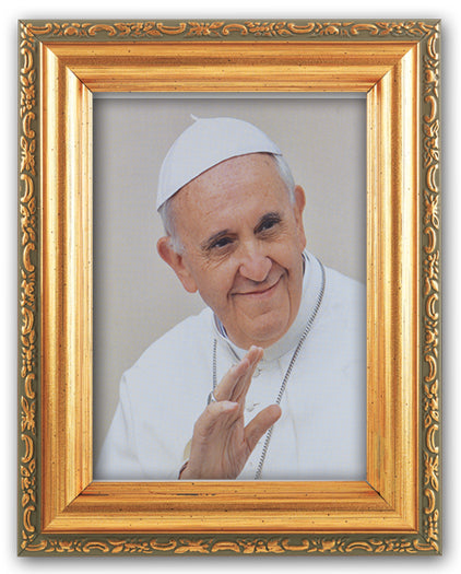 Pope Francis Picture Framed Wall Art Decor Small, Antique Gold-Leaf Finished Frame with Acantus-Leaf Edging