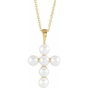 Extel Medium 14K Yellow Gold Womens Religious Pearl Cross Pendant  with 18" Necklace