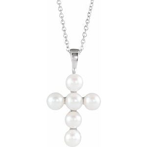 Extel Medium Sterling Silver Womens Religious Pearl Cross Pendant with 18 Inch Necklace