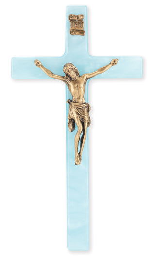 Medium Catholic Blue Pearlized Crucifix, 7", for Home, Office, Over Door