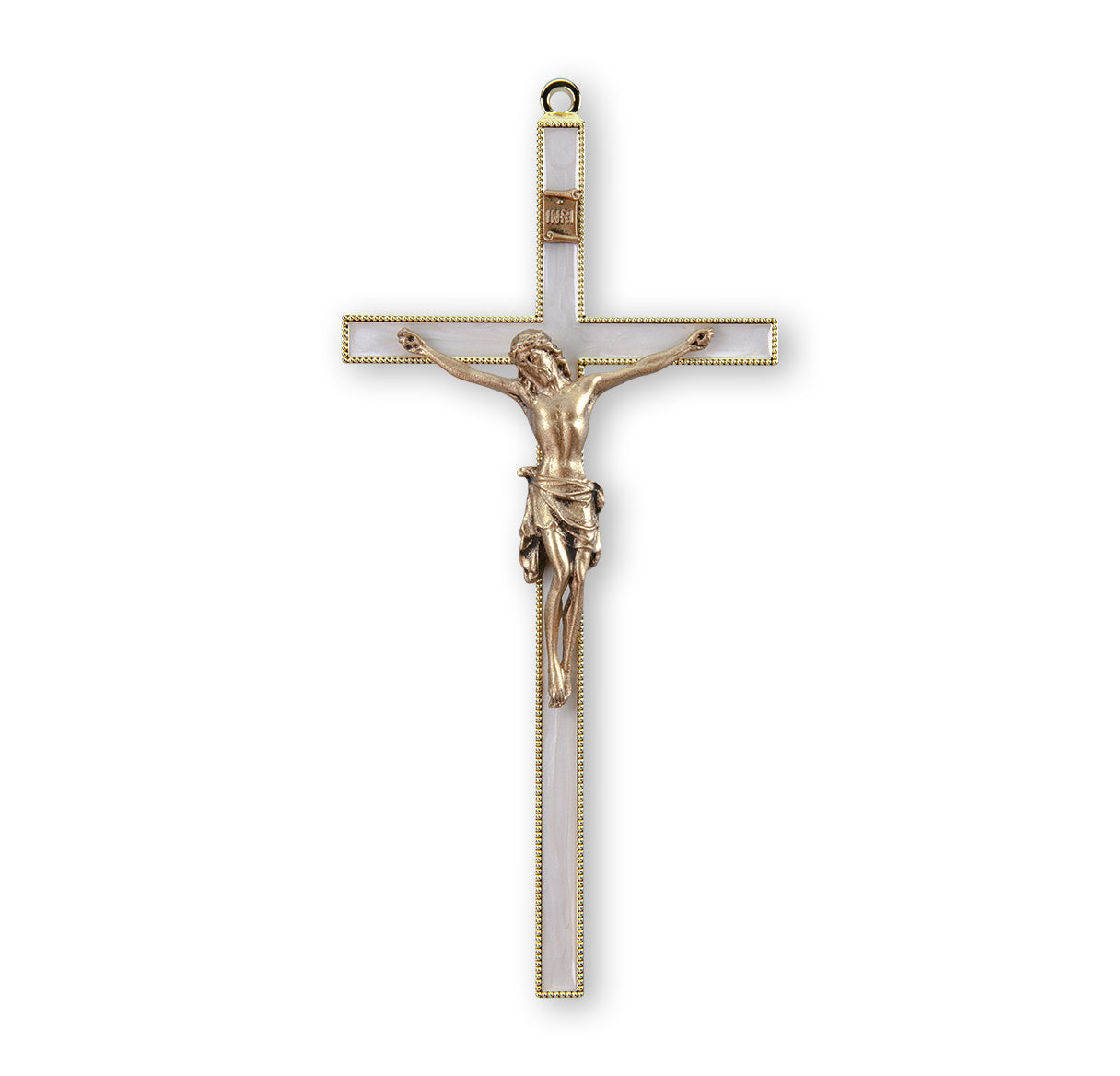 Medium Catholic Gold-Plated Pearlized Wall Crucifix, 7", for Home, Office, Over Door