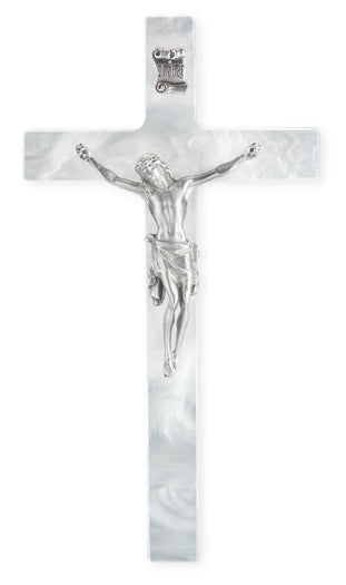 Medium Catholic White Pearlized Crucifix, 7", for Home, Office, Over Door