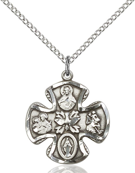 Extel Medium Sterling Silver Traditional Catholic 5-Way Cross Cruciform Pendant with 18" chain