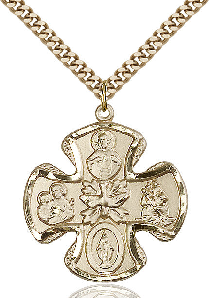 Extel Large 14kt Gold Filled Traditional Catholic 5-Way Cross Cruciform Pendant with 24" chain