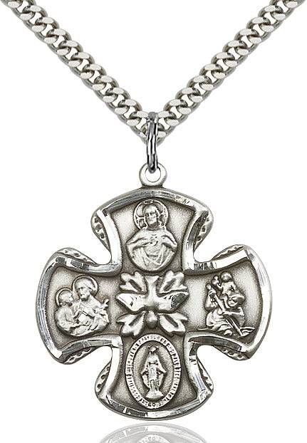 Extel Large Sterling Silver Traditional Catholic 5-Way Cross Cruciform Pendant with 24" chain