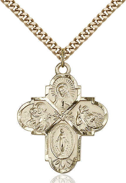 Extel Large 14kt Gold Filled Traditional Catholic 4-Way Cross Cruciform Pendant with 24" chain