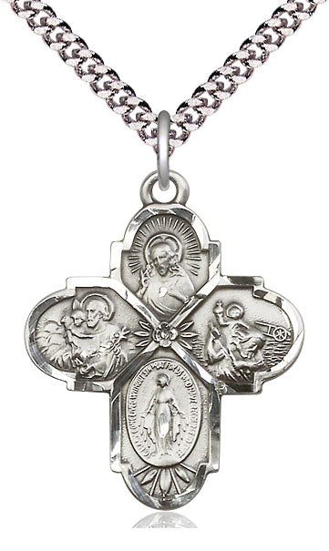 Extel Large Pewter Traditional Catholic 4-Way Cross Cruciform Pendant with 24" chain