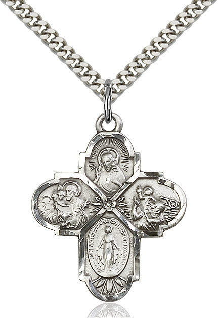 Extel Large Sterling Silver Traditional Catholic 4-Way Cross Cruciform Pendant with 24" chain