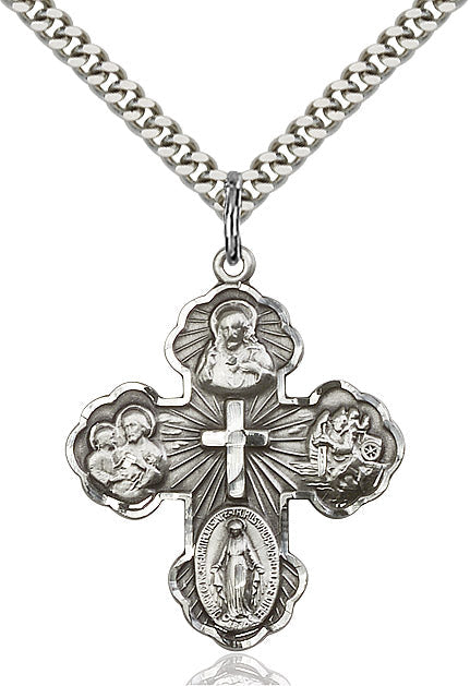 Extel Large Sterling Silver Traditional Catholic 5-Way Cross Cruciform Pendant with 24" chain