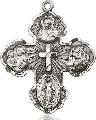 Extel Large Sterling Silver Traditional Catholic 5-Way Cross Cruciform Pendant with 24" chain