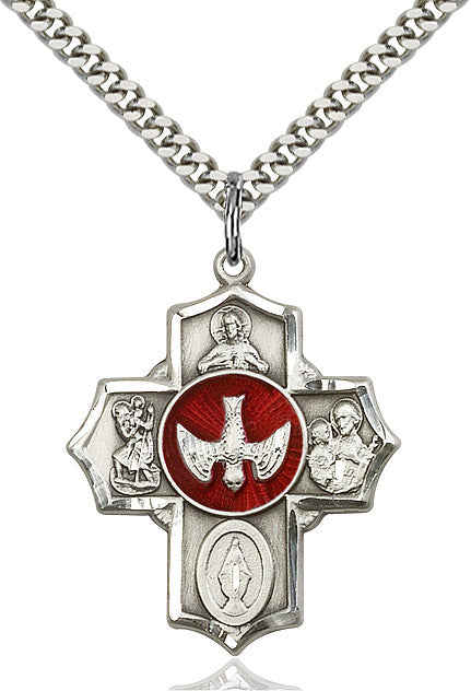 Extel Large Sterling Silver Traditional Catholic 5-Way Cross Cruciform Pendant with 24" chain