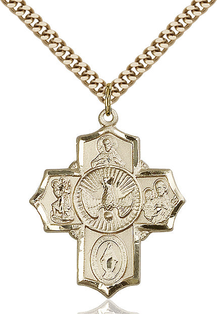 Extel Large 14kt Gold Filled Traditional Catholic 5-Way Cross Cruciform Pendant with 24" chain