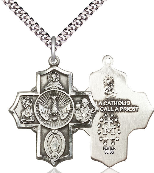 Extel Large Pewter Traditional Catholic 5-Way Cross Cruciform Pendant with 24" chain