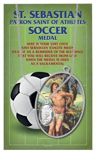 Oval Saint Sebastian Soccer Pendant Necklace on a 24" Chain for Men, Patron Saint of Athletes, Made in USA