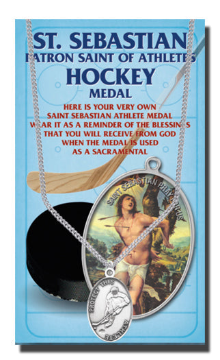 Oval Saint Sebastian Hockey Pendant Necklace on a 24" Chain for Men, Patron Saint of Athletes, Made in USA