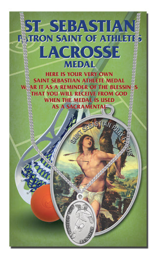 Oval Saint Sebastian Lacrosse Pendant Necklace on a 24" Chain for Men, Patron Saint of Athletes, Made in USA