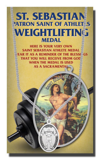 Oval Saint Sebastian Weightlifting Pendant Necklace on a 24" Chain for Men, Patron Saint of Athletes, Made in USA