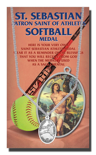 Oval Saint Sebastian Softball Pendant Necklace on a 18" Chain for Women, Patron Saint of Athletes, Made in USA