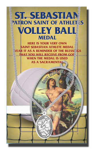 Oval Saint Sebastian Volleyball Pendant Necklace on a 18" Chain for Women, Patron Saint of Athletes, Made in USA