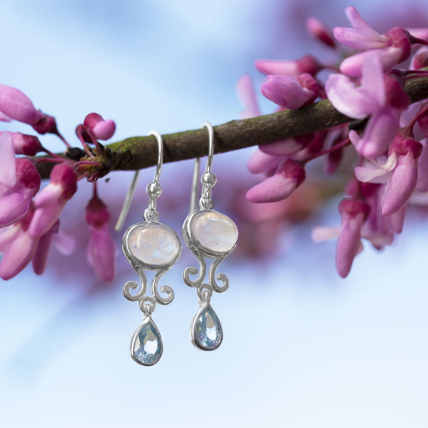 Rainbow Moonstone and Blue Topaz Drop Earrings