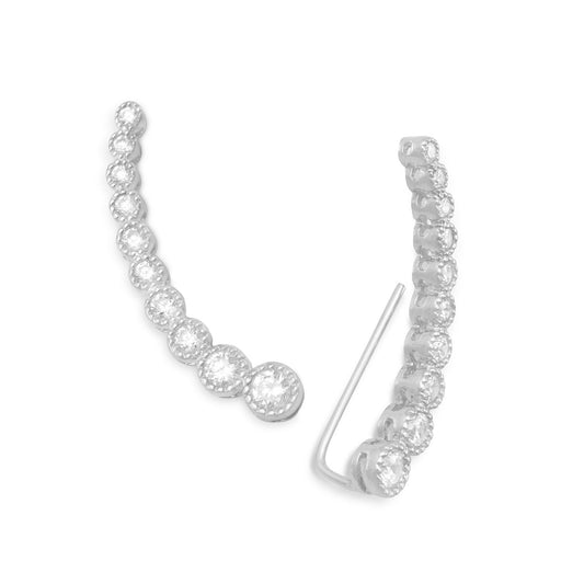 Extel Textured Rhodium Plated Bezel CZ Ear Climbers