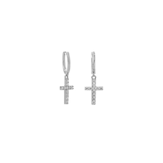 Extel Rhodium Plated Hoop Earrings with CZ Cross