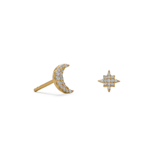 Extel 14 Karat Gold Plated CZ Moon and Star Stud Earrings