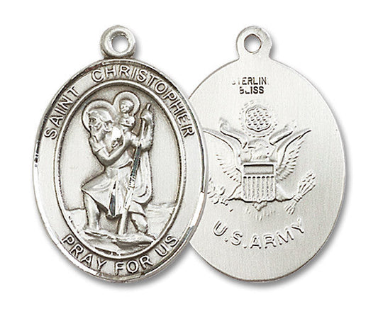 Extel Oval Large Sterling Silver St Christopher Army Medal, Made in USA