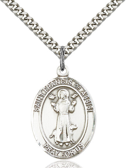 Extel Large Oval Sterling Silver St. Francis of Assisi Pendant with 24" chain, Made in USA