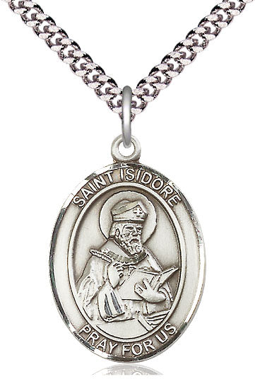 Extel Large Oval Pewter St. Isidore of Seville Pendant with 24" chain, Made in USA